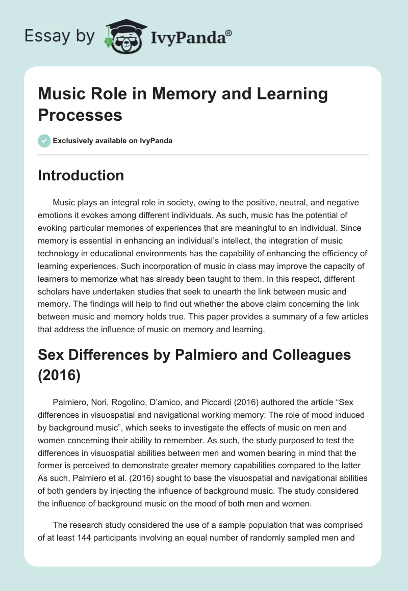 Music Role in Memory and Learning Processes. Page 1