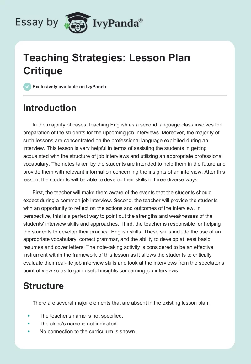 Teaching Strategies: Lesson Plan Critique. Page 1
