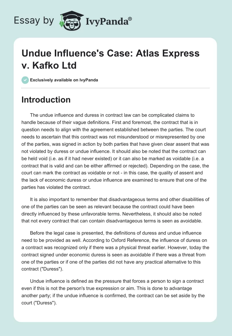 Undue Influence's Case: Atlas Express v. Kafko Ltd. Page 1