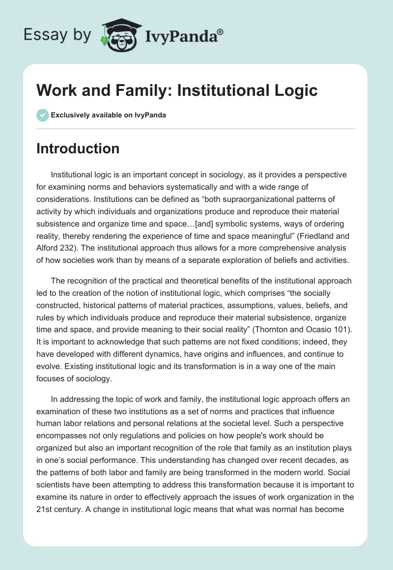 Work and Family: Institutional Logic. Page 1