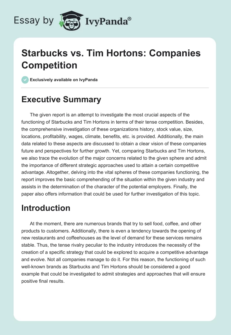 Starbucks vs. Tim Hortons: Companies Competition. Page 1