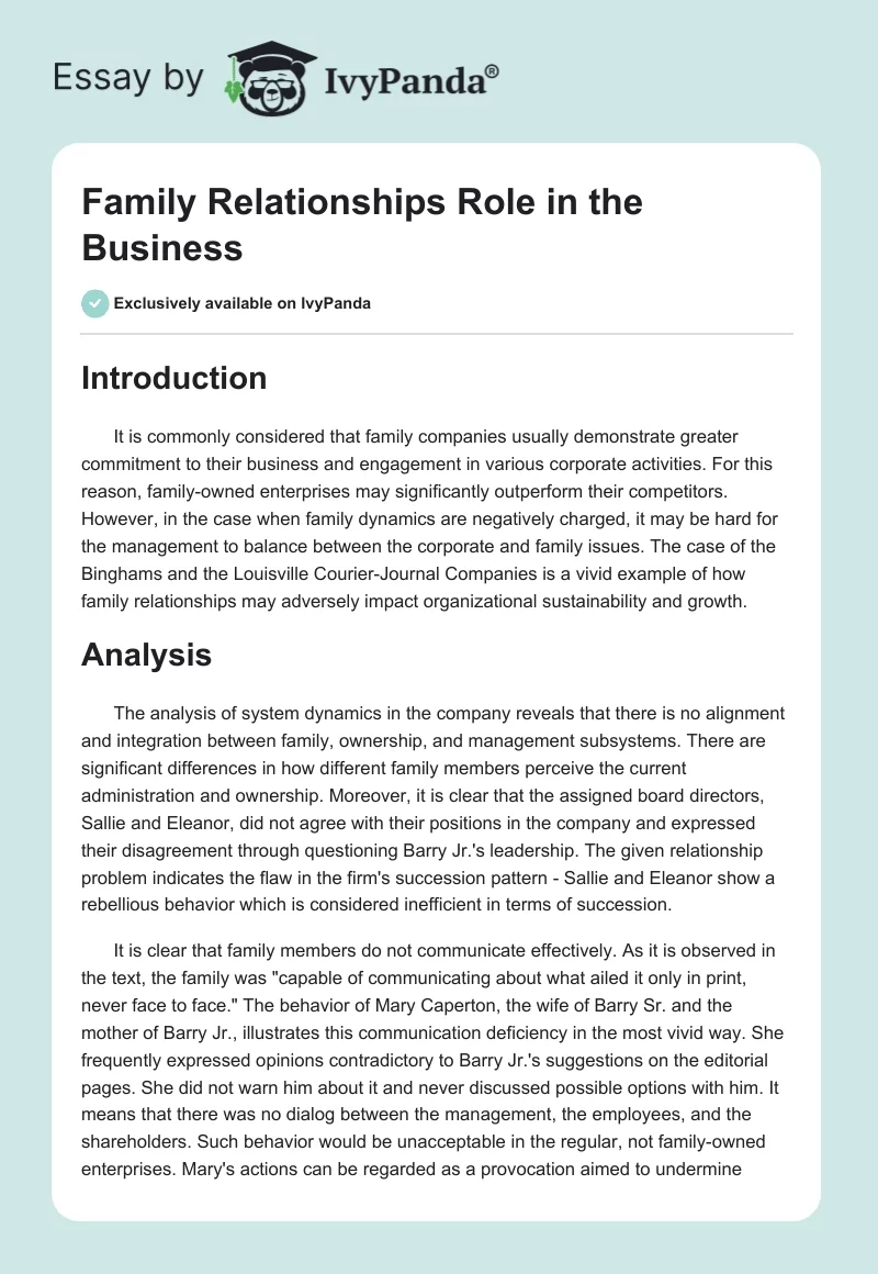 Family Relationships Role in the Business. Page 1