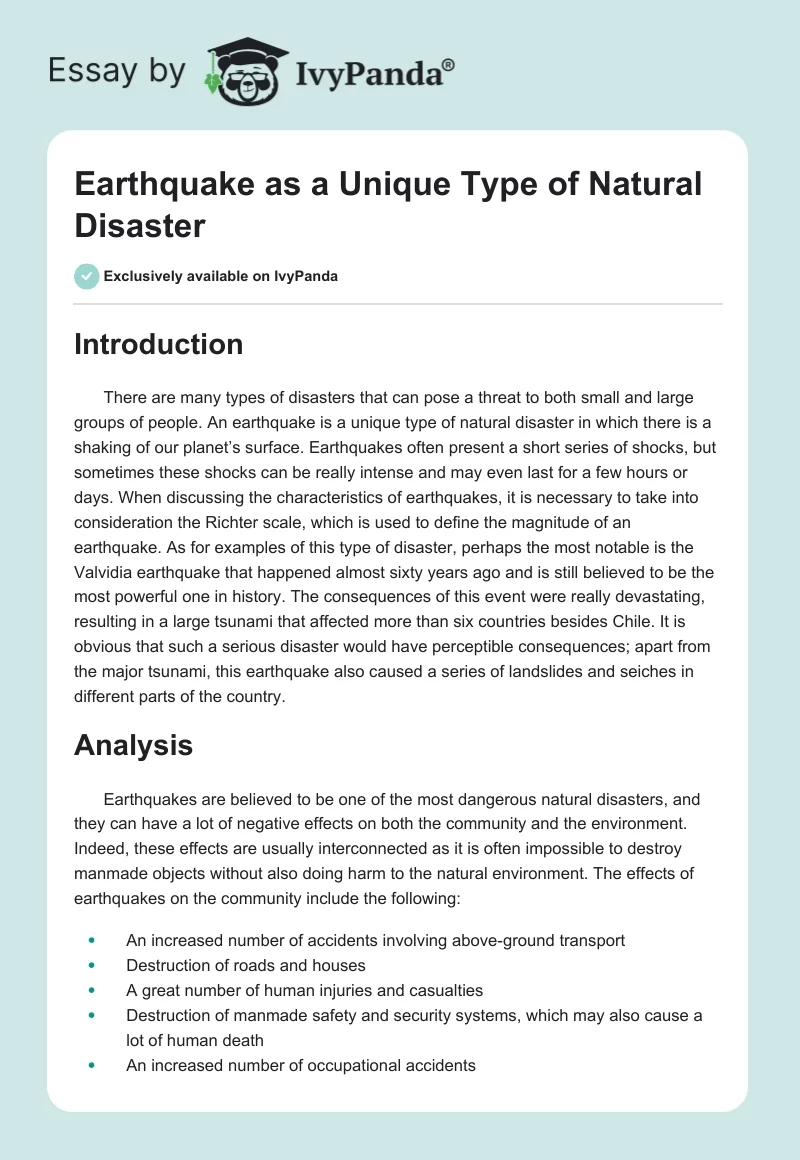 Earthquake as a Unique Type of Natural Disaster. Page 1
