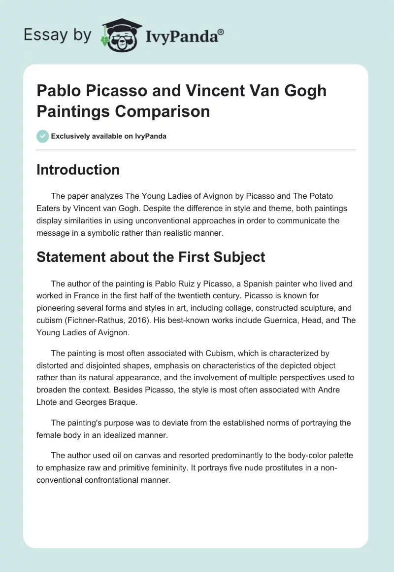 Pablo Picasso and Vincent van Gogh Paintings Comparison. Page 1