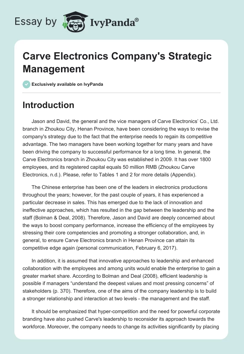 Carve Electronics Company's Strategic Management. Page 1