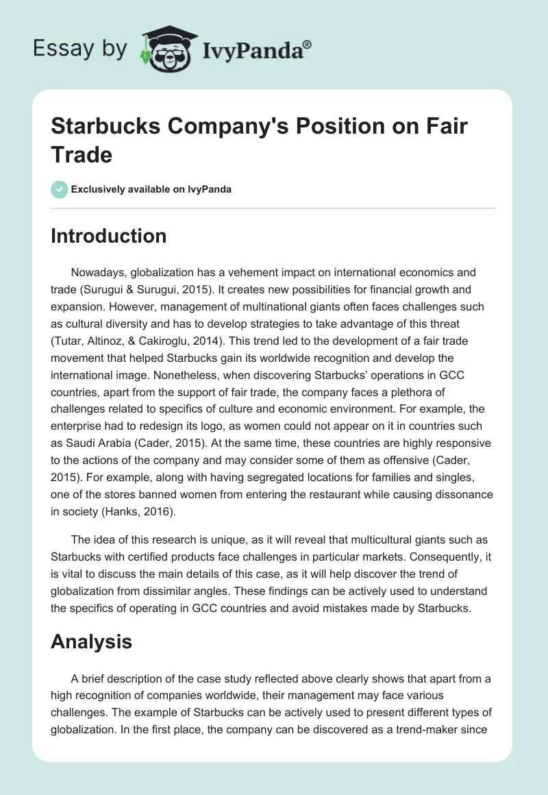 Starbucks Company's Position on Fair Trade. Page 1