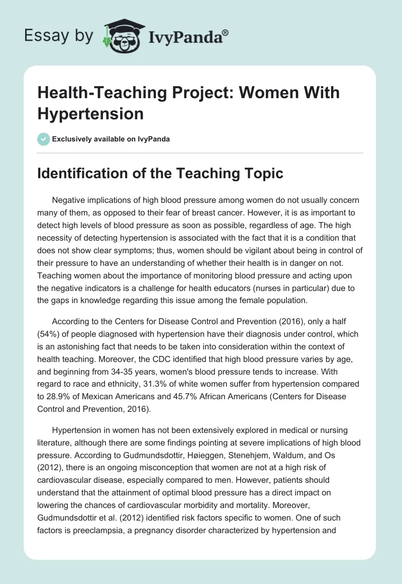 Health-Teaching Project: Women With Hypertension. Page 1