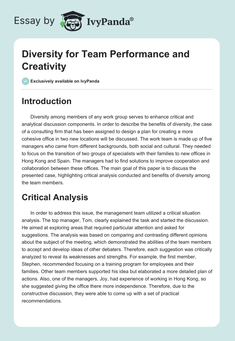 Diversity for Team Performance and Creativity. Page 1