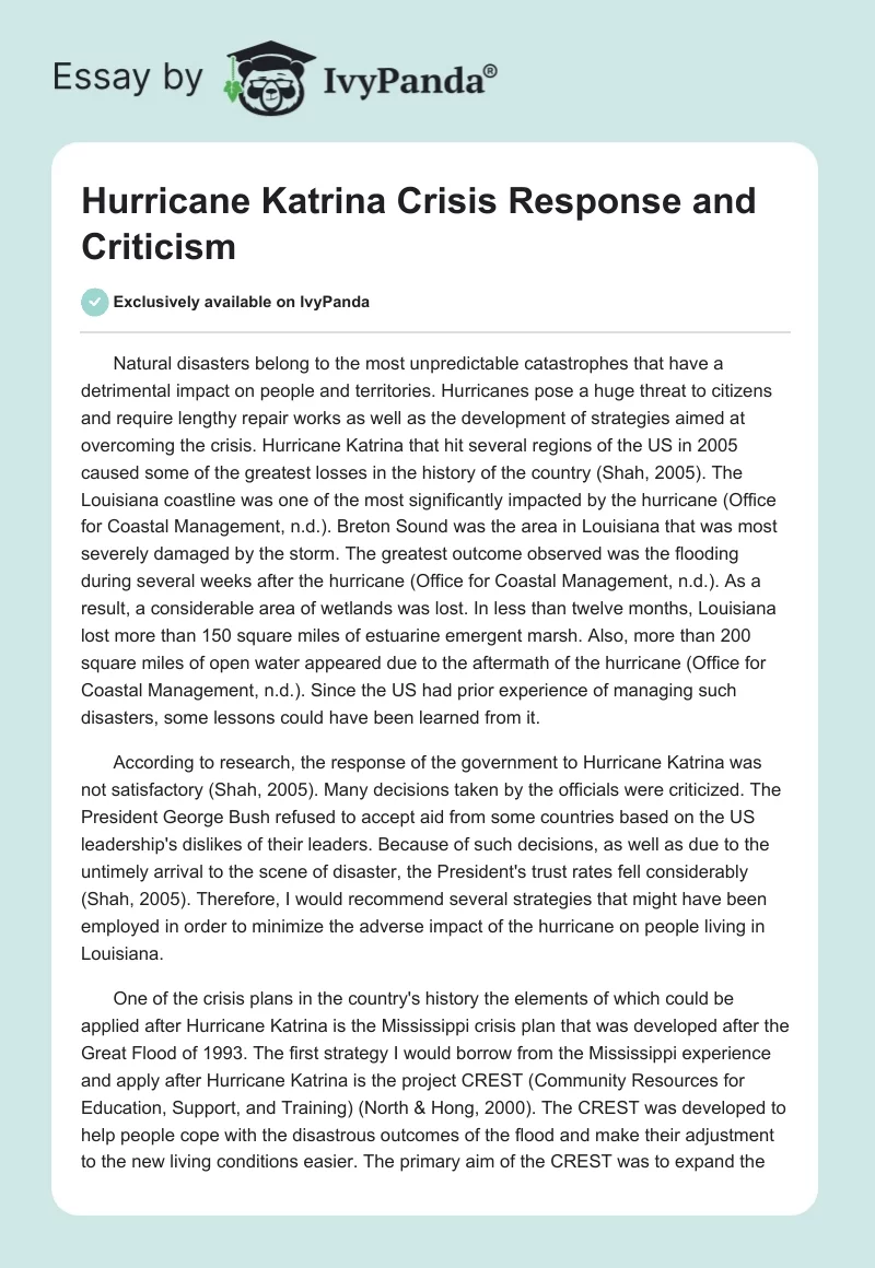 Hurricane Katrina Crisis Response and Criticism. Page 1