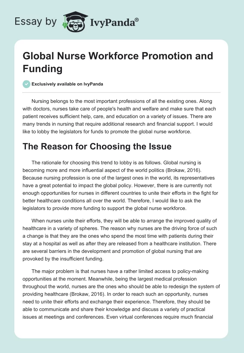 Global Nurse Workforce Promotion and Funding. Page 1