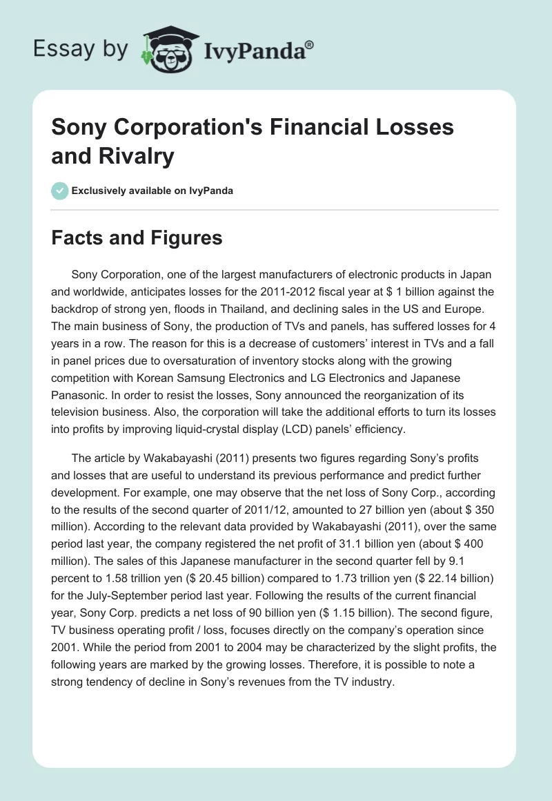 Sony Corporation's Financial Losses and Rivalry. Page 1
