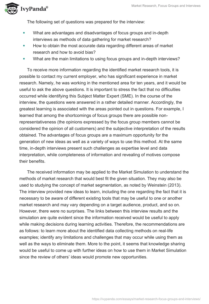 Market Research, Focus Groups and Interviews. Page 2