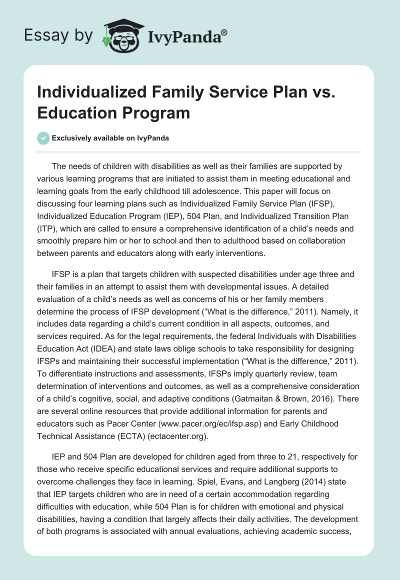 Individualized Family Service Plan vs. Education Program. Page 1