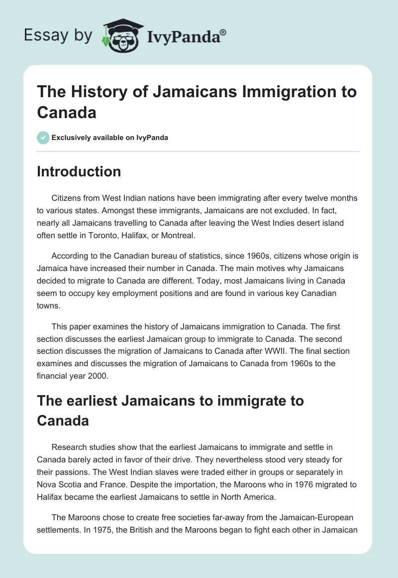 The History of Jamaicans Immigration to Canada. Page 1