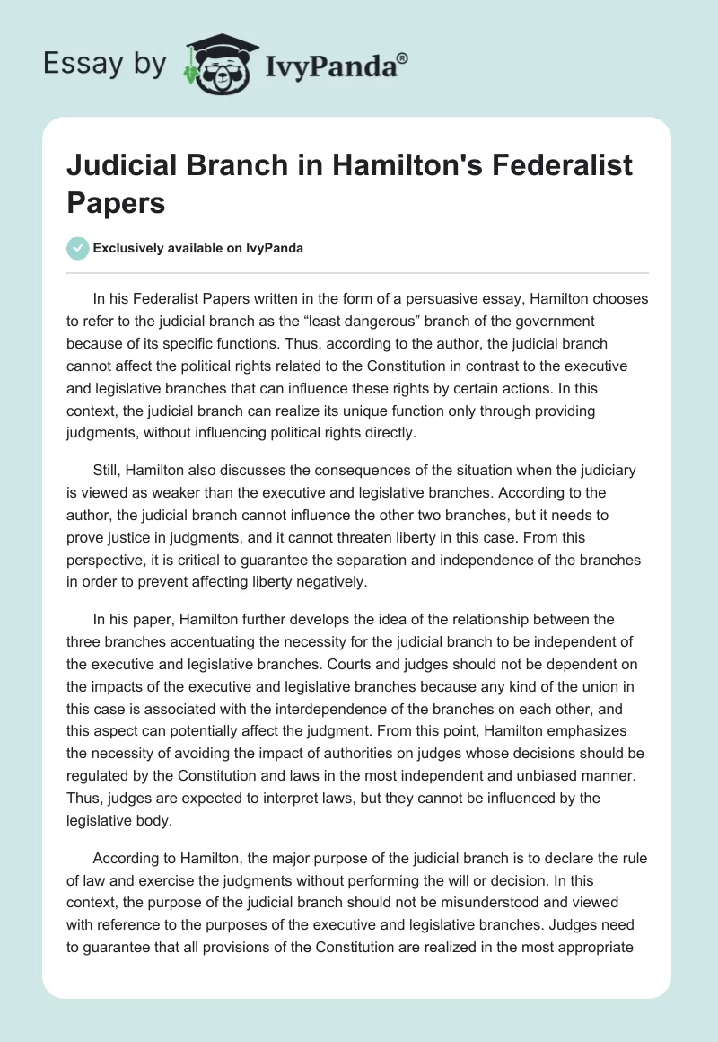 Judicial Branch in Hamilton's Federalist Papers. Page 1