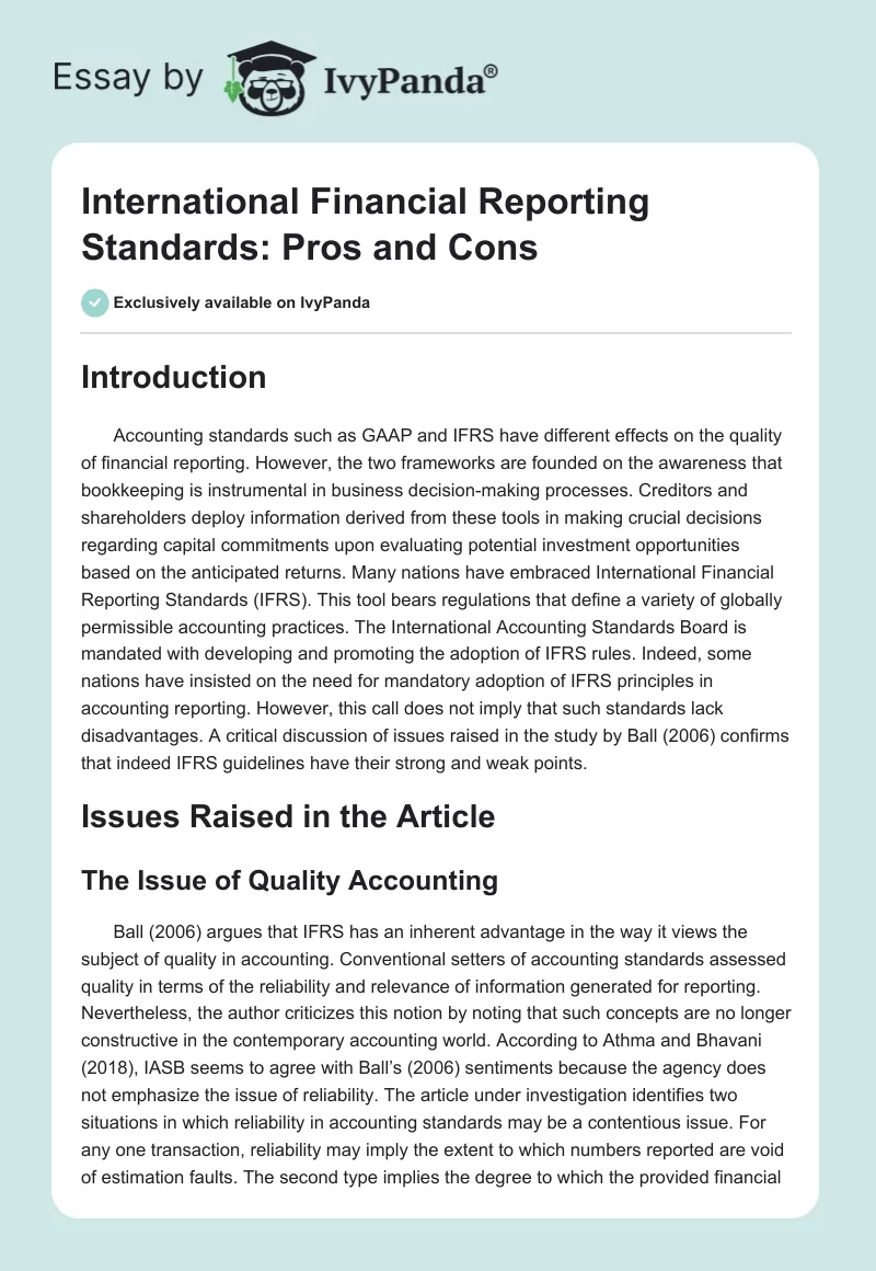 International Financial Reporting Standards: Pros and Cons. Page 1
