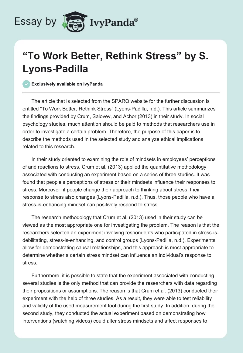 “To Work Better, Rethink Stress” by S. Lyons-Padilla. Page 1