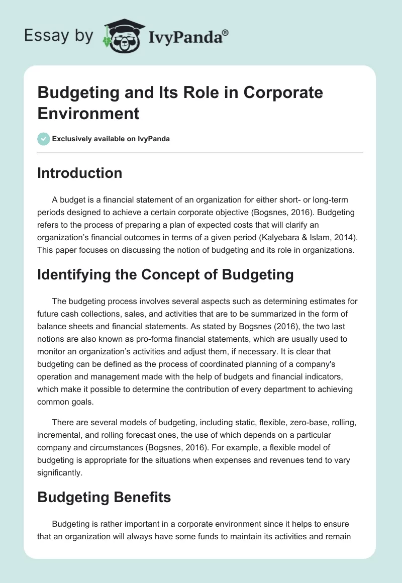Budgeting and Its Role in Corporate Environment. Page 1