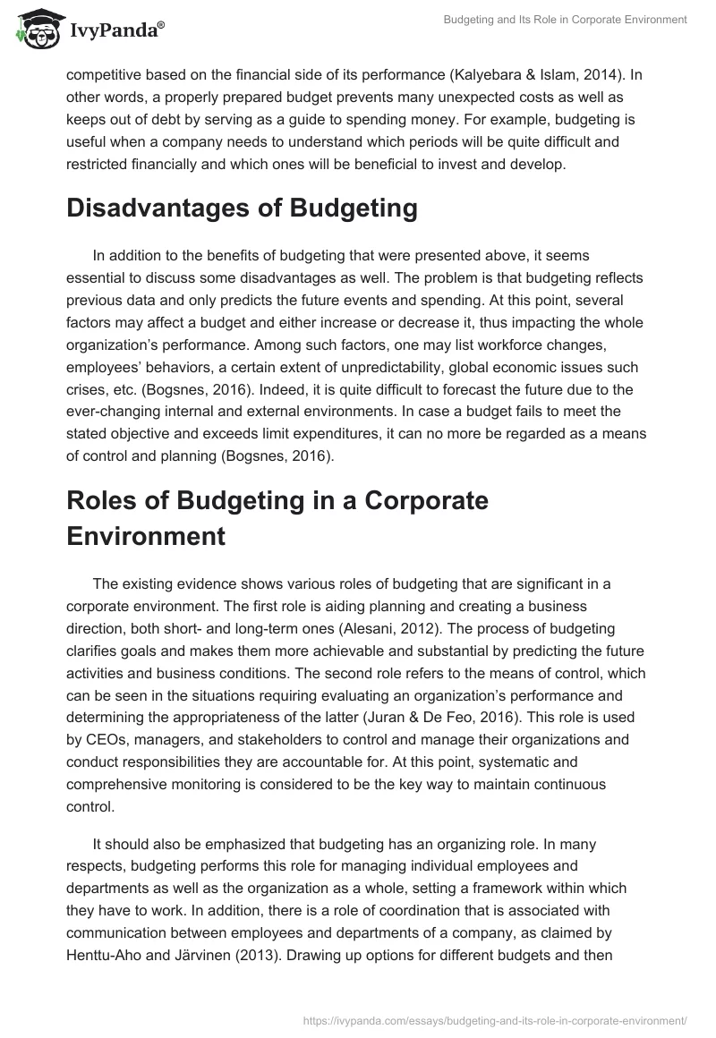 Budgeting and Its Role in Corporate Environment. Page 2
