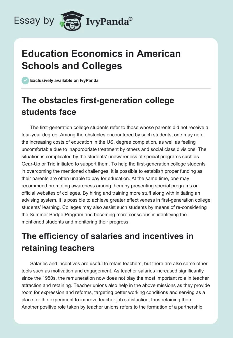 Education Economics in American Schools and Colleges. Page 1