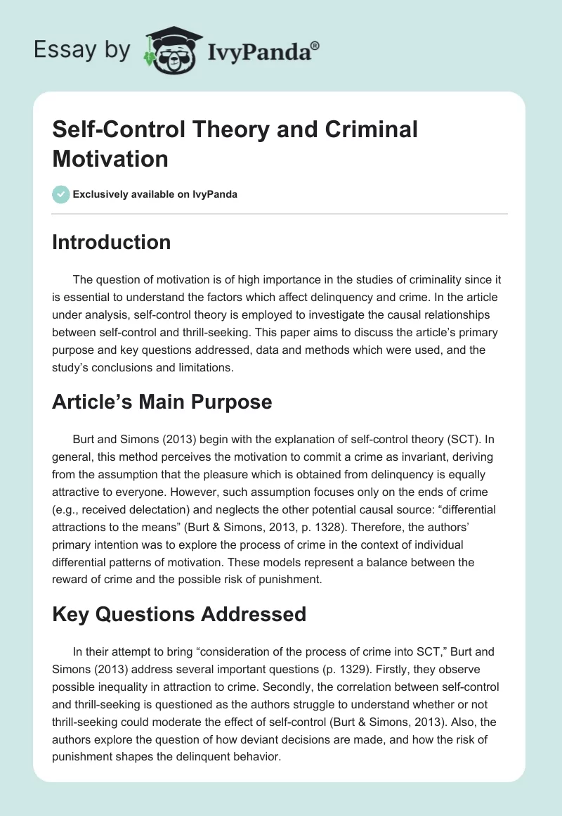 Self-Control Theory and Criminal Motivation. Page 1