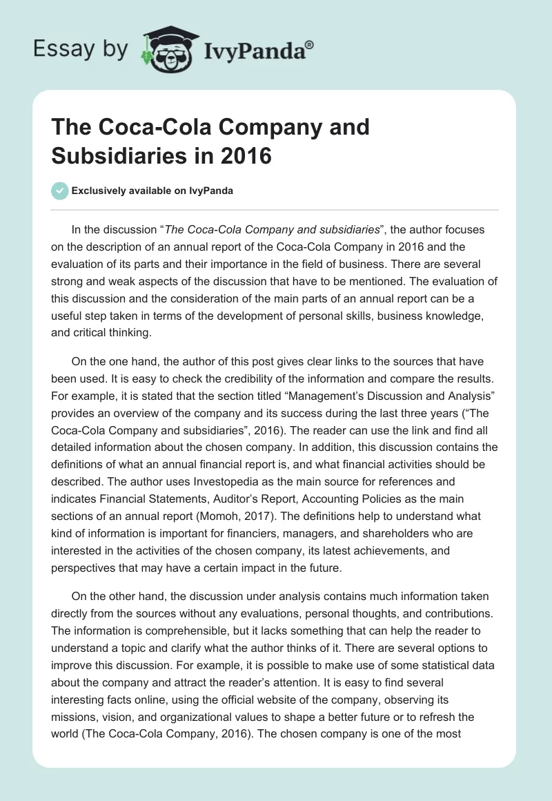 The Coca-Cola Company and Subsidiaries in 2016. Page 1