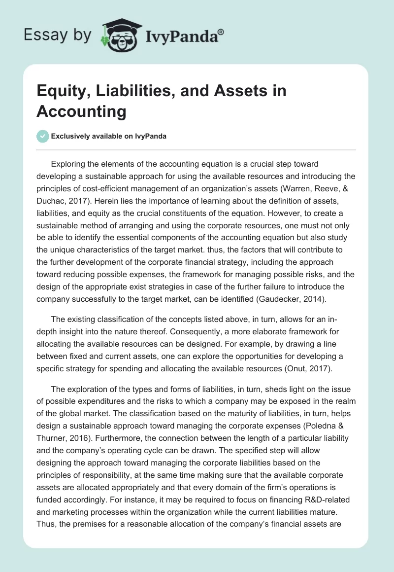 Equity, Liabilities, and Assets in Accounting. Page 1