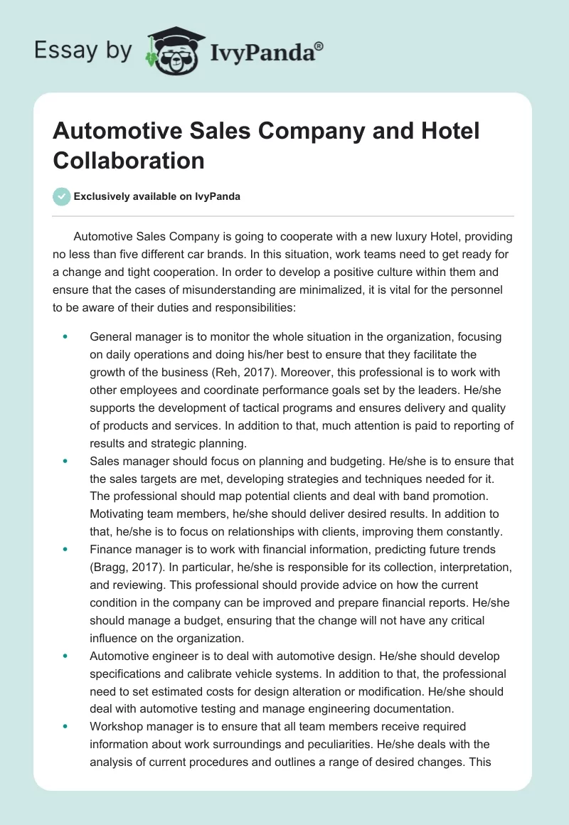 Automotive Sales Company and Hotel Collaboration. Page 1