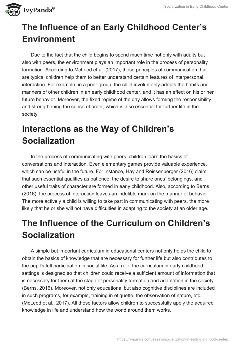 Socialization in Early Childhood Center. Page 2