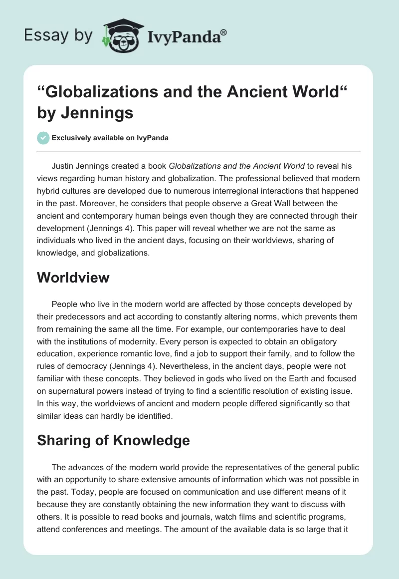 “Globalizations and the Ancient World“ by Jennings. Page 1
