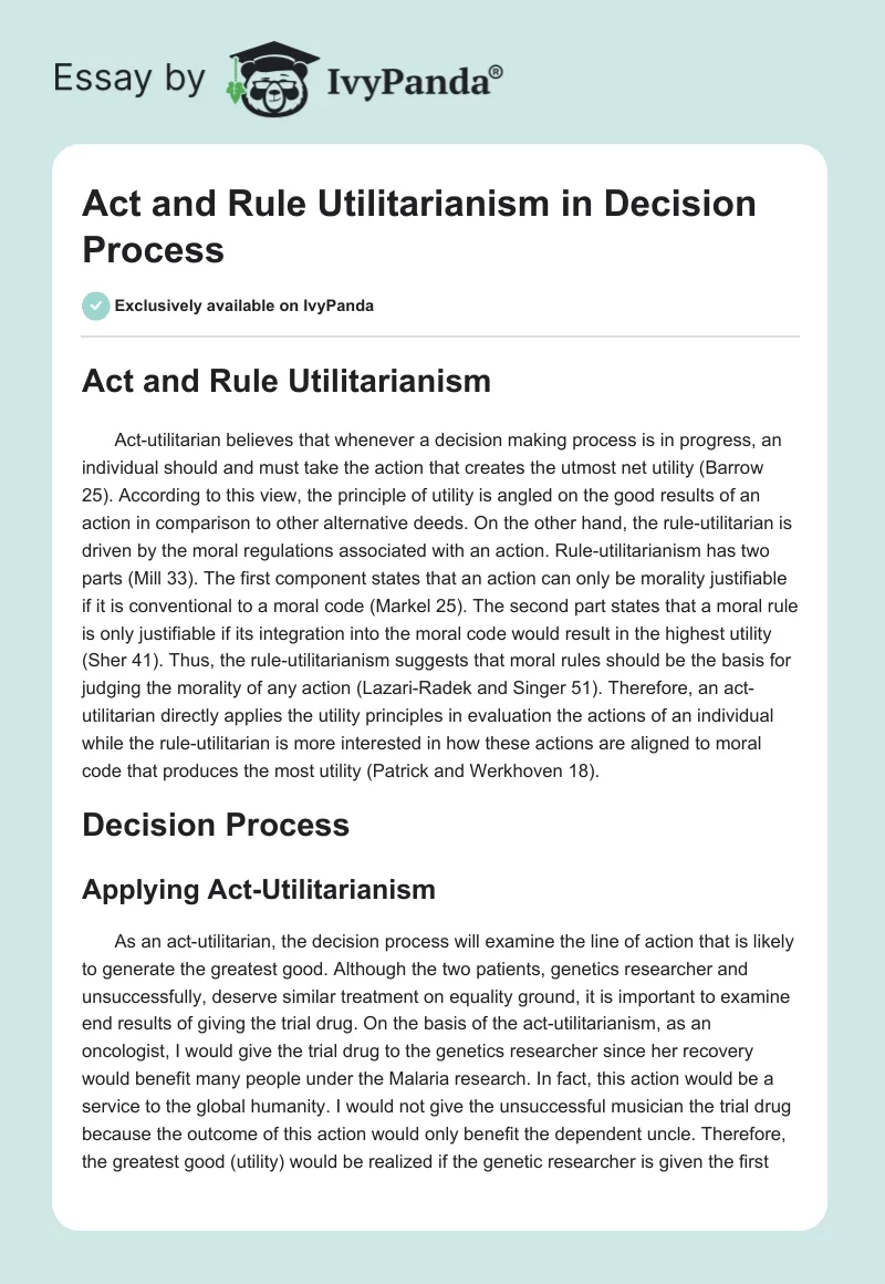 Act and Rule Utilitarianism in Decision Process. Page 1