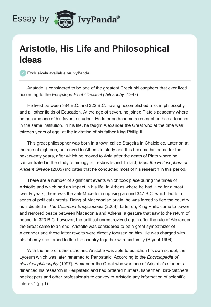 Aristotle, His Life and Philosophical Ideas. Page 1