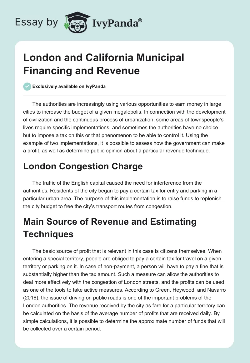 London and California Municipal Financing and Revenue. Page 1