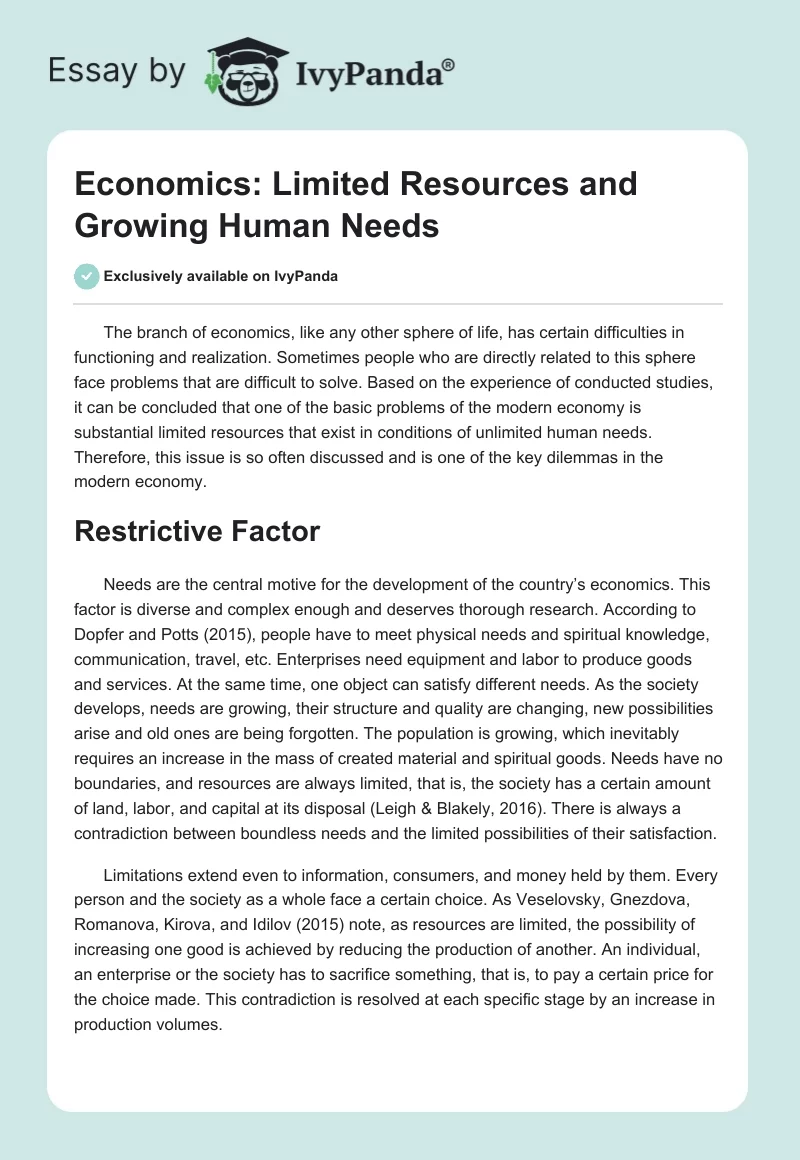 Economics: Limited Resources and Growing Human Needs. Page 1