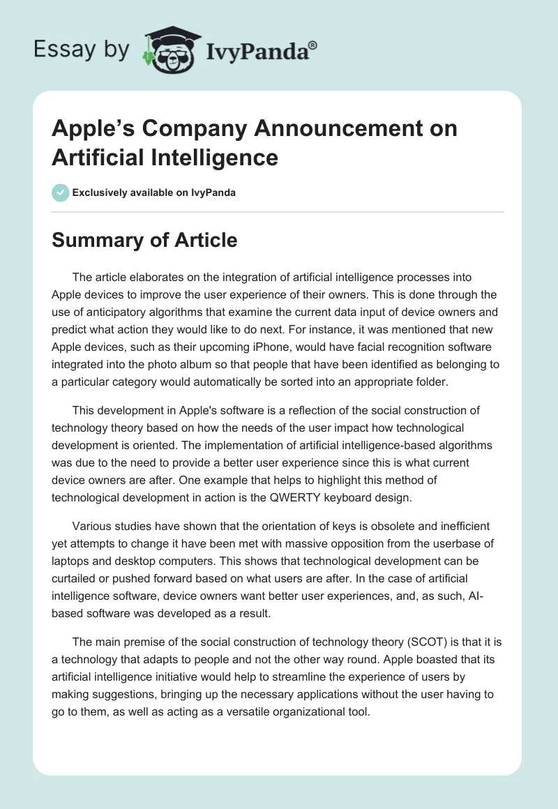 Apple’s Company Announcement on Artificial Intelligence. Page 1