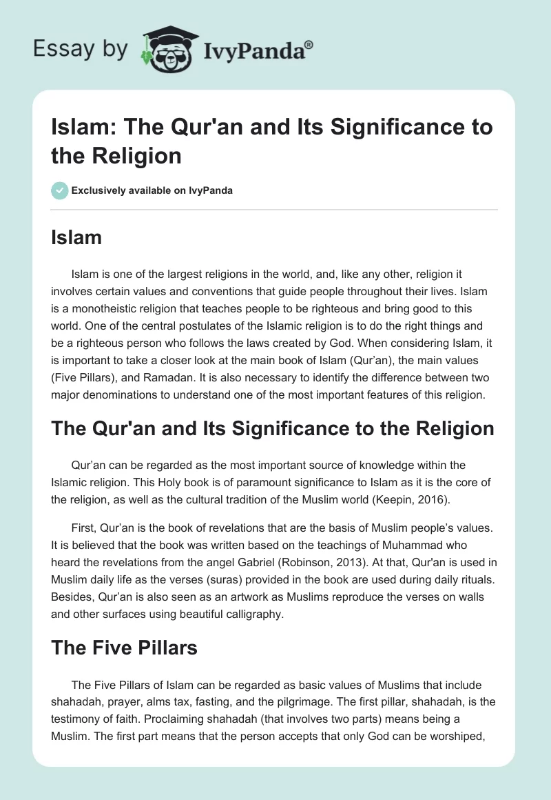 Islam: The Qur'an and Its Significance to the Religion. Page 1