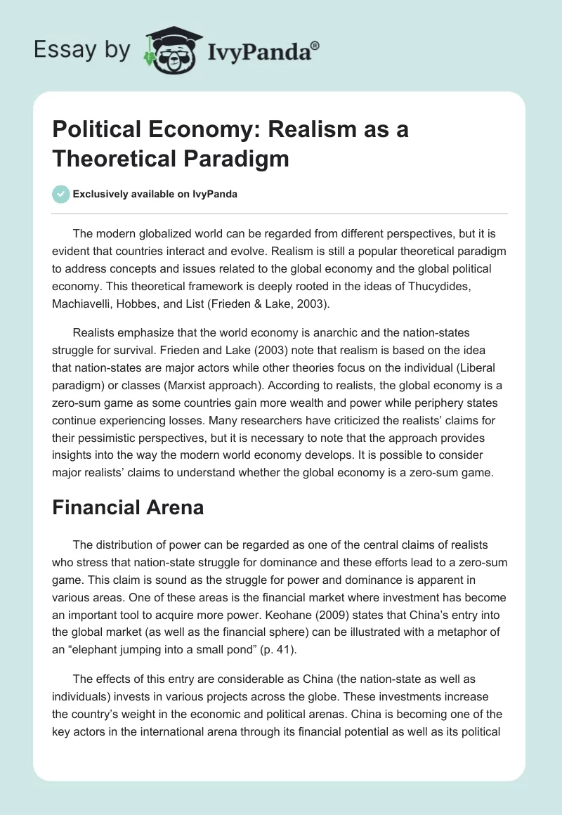 Political Economy: Realism as a Theoretical Paradigm. Page 1