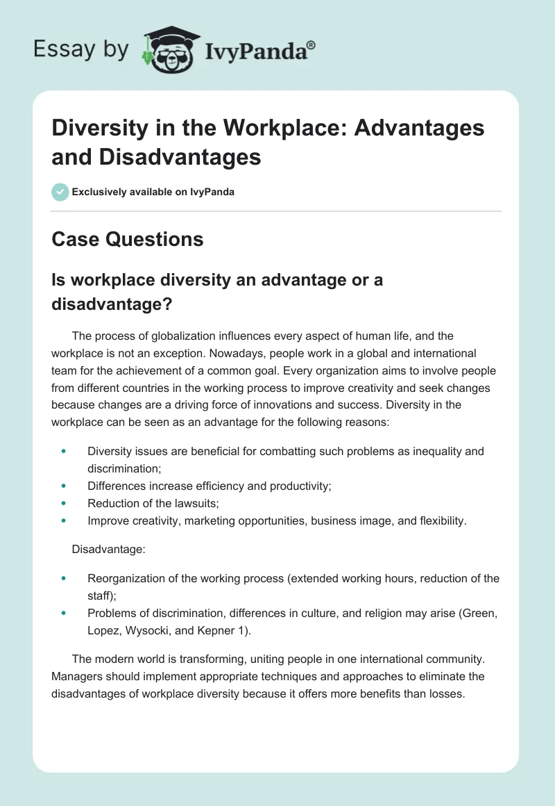 Diversity in the Workplace: Advantages and Disadvantages. Page 1