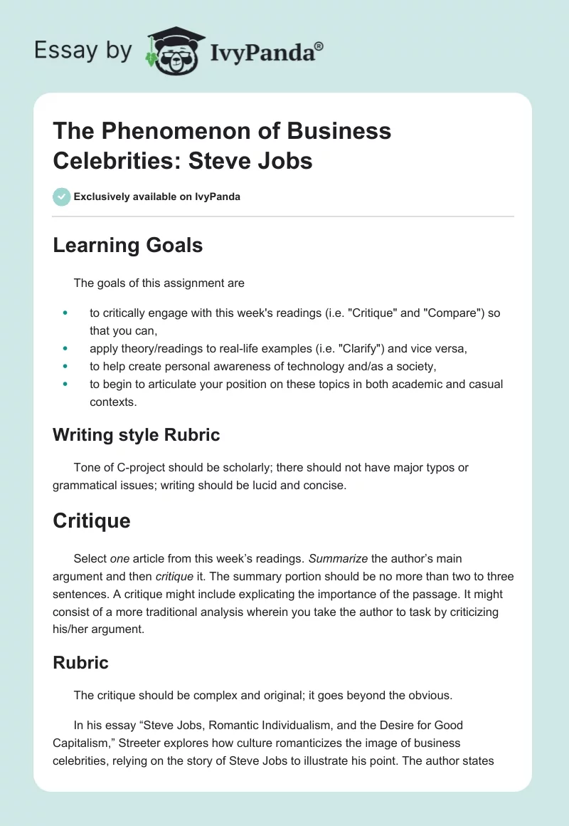 The Phenomenon of Business Celebrities: Steve Jobs. Page 1