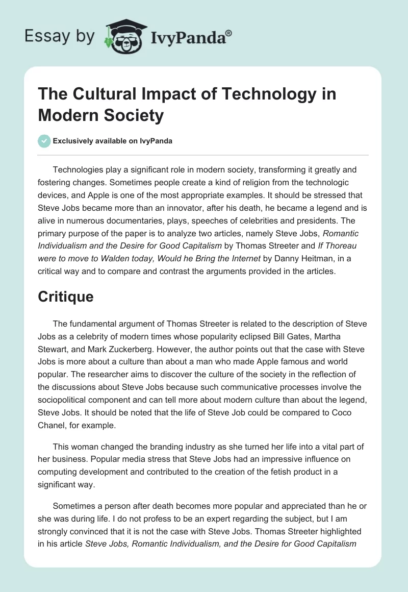 The Cultural Impact of Technology in Modern Society. Page 1