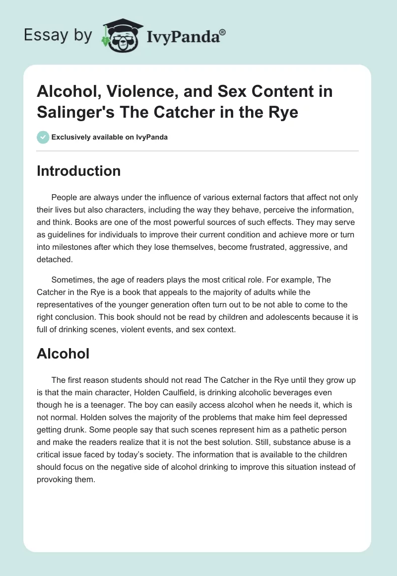 Alcohol, Violence, and Sex Content in Salinger's "The Catcher in the Rye". Page 1