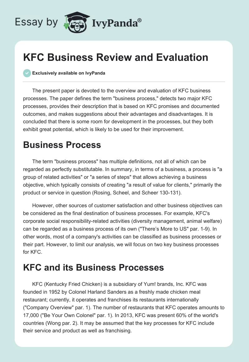 KFC Business Review and Evaluation. Page 1