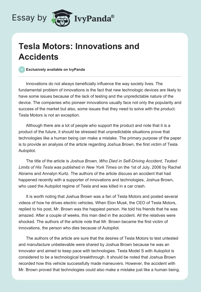 Tesla Motors: Innovations and Accidents. Page 1