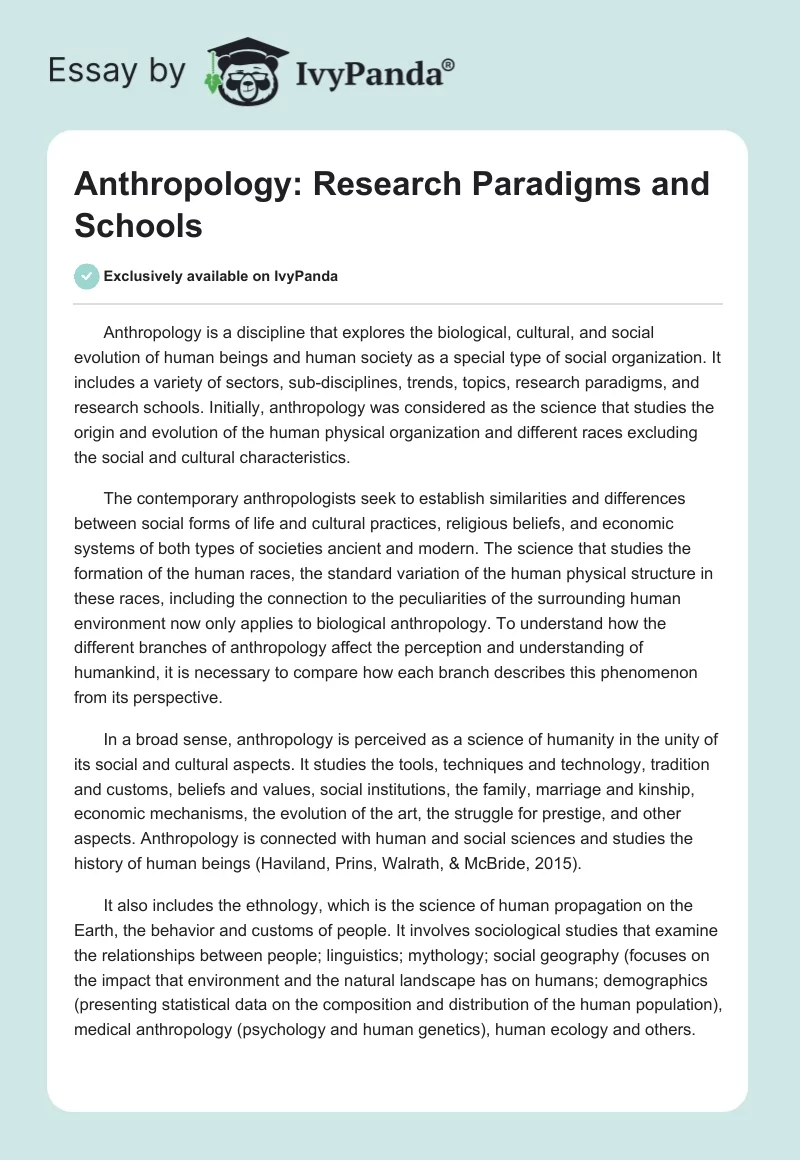 Anthropology: Research Paradigms and Schools. Page 1
