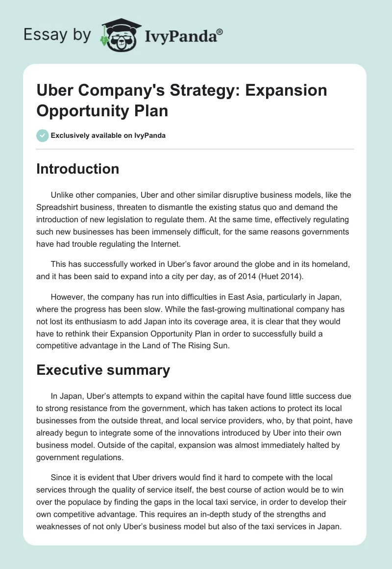 Uber Company's Strategy: Expansion Opportunity Plan. Page 1