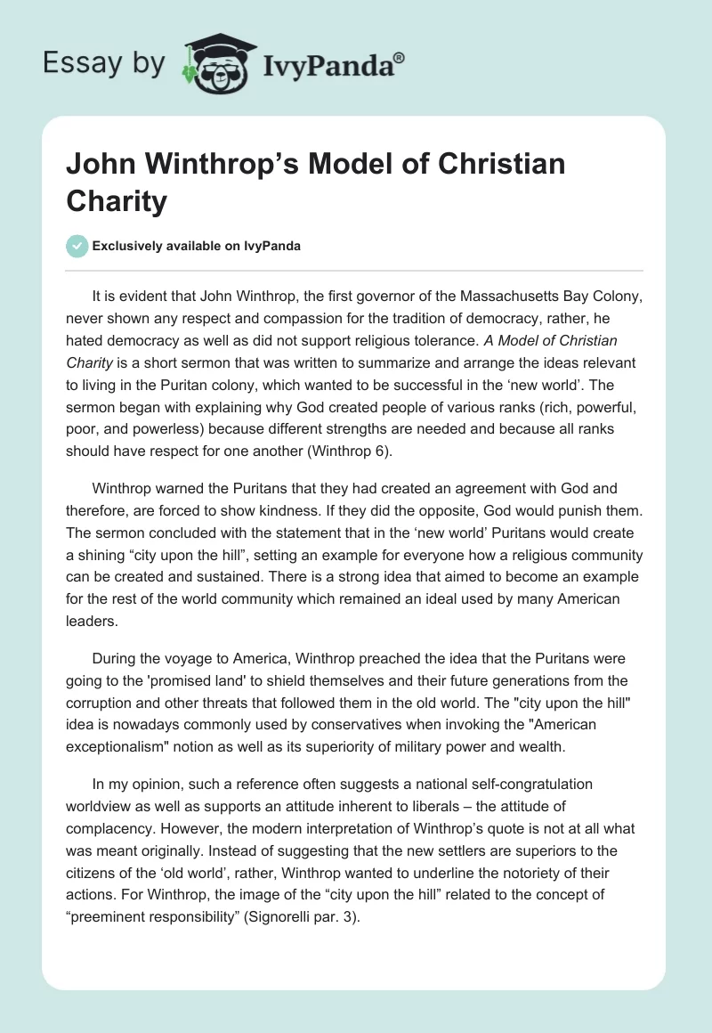 John Winthrop’s Model of Christian Charity. Page 1
