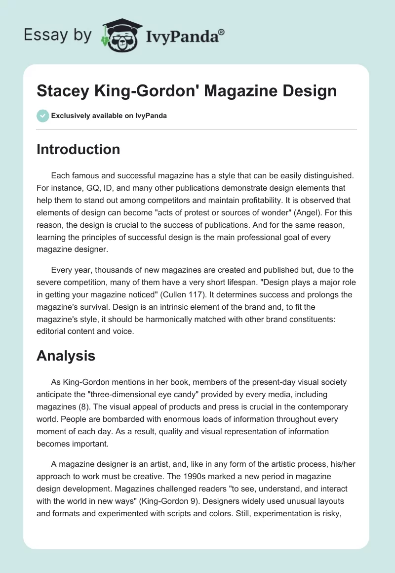 Stacey King-Gordon' Magazine Design. Page 1