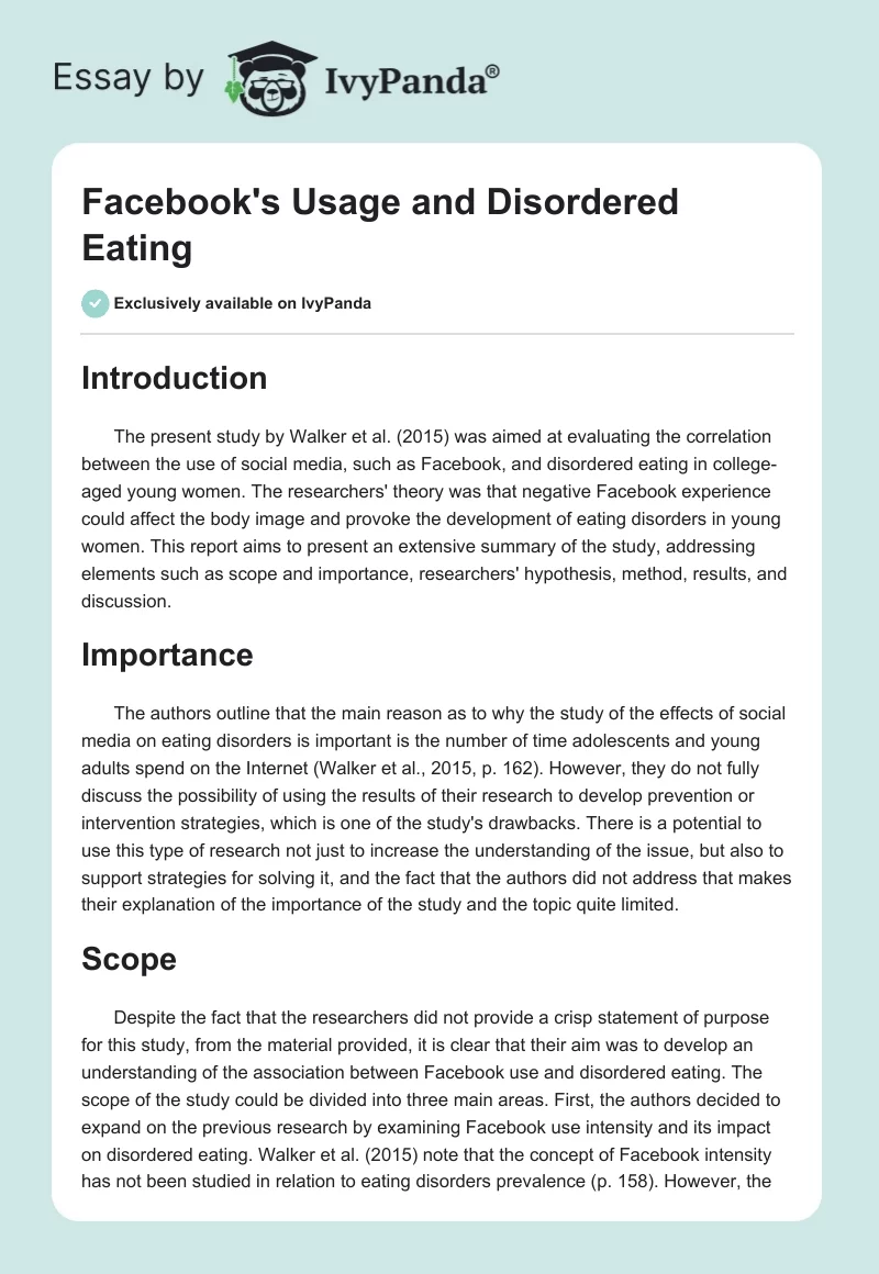 Facebook's Usage and Disordered Eating. Page 1