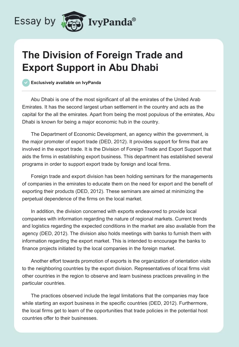 The Division of Foreign Trade and Export Support in Abu Dhabi. Page 1