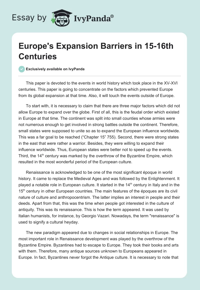 Europe's Expansion Barriers in 15-16th Centuries. Page 1